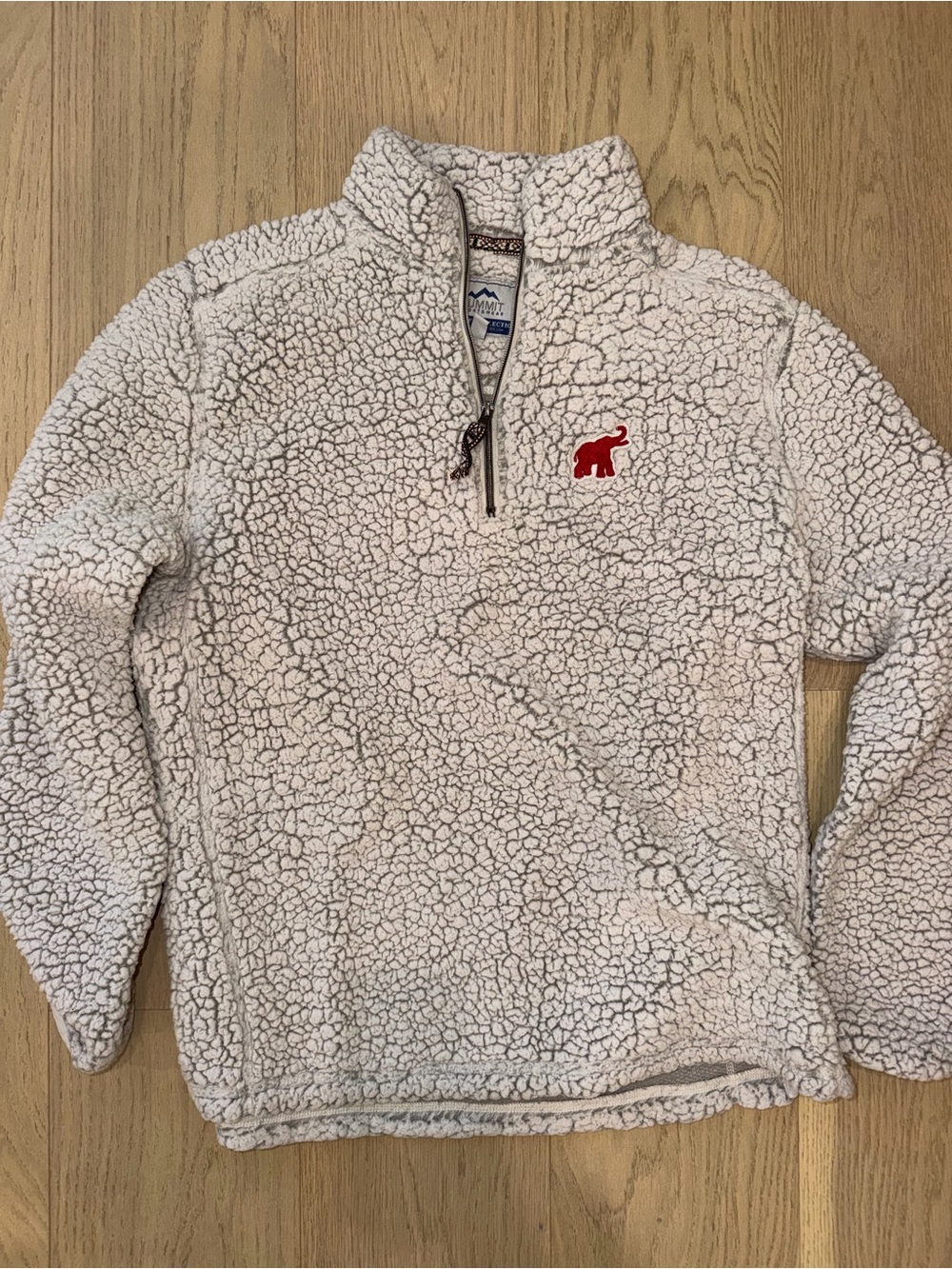 Ivory Sherpa Quarter-Zip Pullover with Red Elephant Embroidery